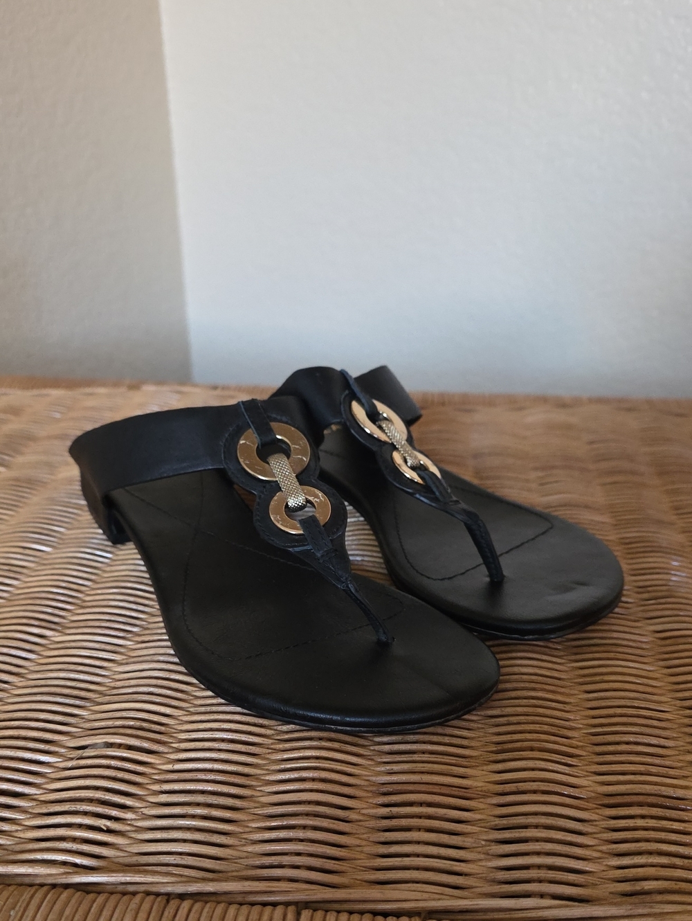 Isola Black Thong Sandals with Gold Rings